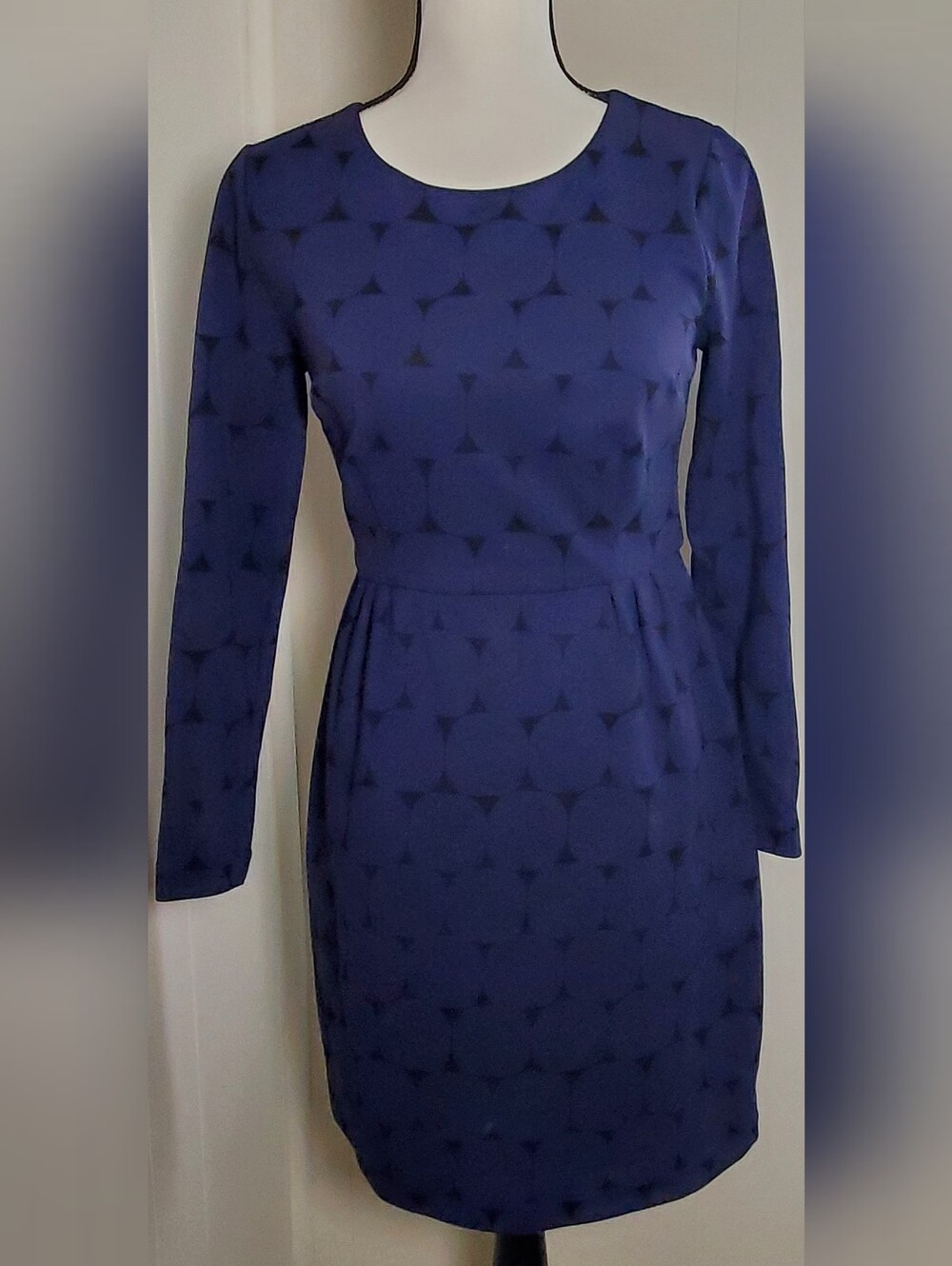 BODEN womens 6P Blue/black Geometric Print Round Neck Midi Dress